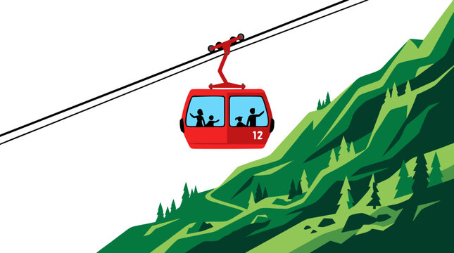 Red Cable Car Gondola Lift Traveling Up a Steep Green Mountain with Silhouette Tourists Waving, Flat Vector Illustration of Alpine Transportation, Mountain Tourism and Summer Vacation.