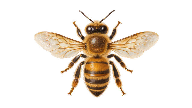 Detailed honey bee with striped abdomen and translucent wings, isolated on transparent background