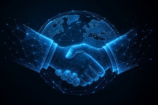 Futuristic handshake over holographic globe in dark space