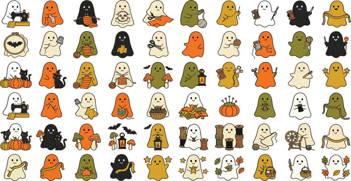 Cute autumn ghosts crafting with yarn sewing machines knitting embroidery vector collection knitting ghost sewing machine yarn balls embroidery hoop autumn crafts ghost characters halloween vec