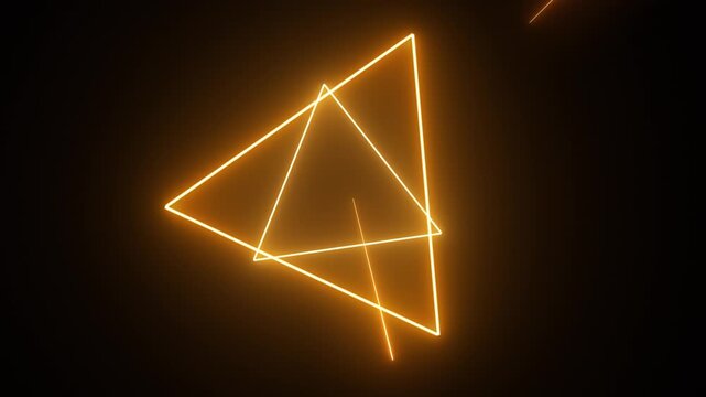 Abstract glowing orange neon triangle geometric pattern on black background. Modern retro futuristic light saber texture for tech and gaming design.
