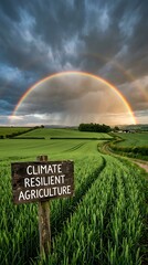 Fototapeta premium Wooden sign in green wheat field under a double rainbow