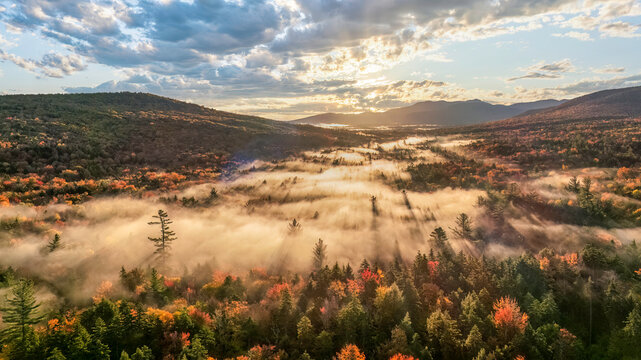 Autumn colors in the  streaming sunrise light at the Kancamagus Highway - New Hampshire - White Mountains