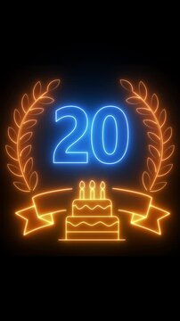 20th Anniversary Celebration. neon 20 Years Anniversary Animation in laurel wreath Color on the Transparent Background, Alpha Channel. Great for greetings, celebrations, events, and gifts birthday 4k.