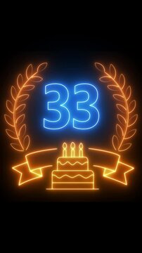 33th Anniversary Celebration. neon 33 Years Anniversary Animation in laurel wreath Color on the Transparent Background, Alpha Channel. Great for greetings, celebrations, events, and gifts birthday 4k.