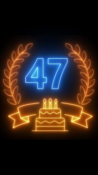 47th Anniversary Celebration. neon 47 Years Anniversary Animation in laurel wreath Color on the Transparent Background, Alpha Channel. Great for greetings, celebrations, events, and gifts birthday 4k.