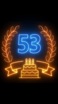 53th Anniversary Celebration. neon 53 Years Anniversary Animation in laurel wreath Color on the Transparent Background, Alpha Channel. Great for greetings, celebrations, events, and gifts birthday 4k.