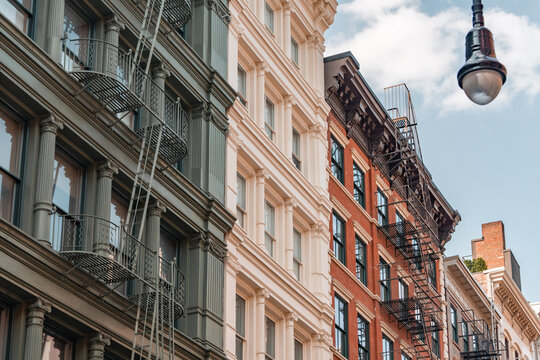 Street perspective of architecture in Tribeca Manhattan, New York City. SoHo, Chinatown, Financial District, Little Italy, Nolita