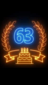 63th Anniversary Celebration. neon 63 Years Anniversary Animation in laurel wreath Color on the Transparent Background, Alpha Channel. Great for greetings, celebrations, events, and gifts birthday 4k.