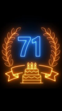 71th Anniversary Celebration. neon 71 Years Anniversary Animation in laurel wreath Color on the Transparent Background, Alpha Channel. Great for greetings, celebrations, events, and gifts birthday 4k.