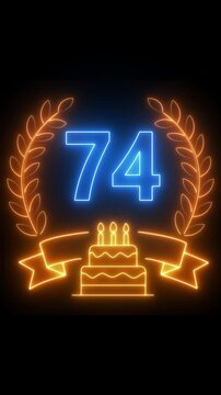 74th Anniversary Celebration. neon 74 Years Anniversary Animation in laurel wreath Color on the Transparent Background, Alpha Channel. Great for greetings, celebrations, events, and gifts birthday 4k.