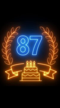 87th Anniversary Celebration. neon 87 Years Anniversary Animation in laurel wreath Color on the Transparent Background, Alpha Channel. Great for greetings, celebrations, events, and gifts birthday 4k.