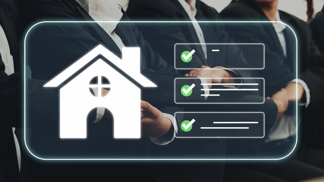 Business professionals in suits with house icon and checklist on digital screen, representing real estate strategy and teamwork for property investment. Gluon.