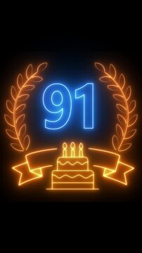 91th Anniversary Celebration. neon 91 Years Anniversary Animation in laurel wreath Color on the Transparent Background, Alpha Channel. Great for greetings, celebrations, events, and gifts birthday 4k.
