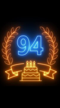 94th Anniversary Celebration. neon 94 Years Anniversary Animation in laurel wreath Color on the Transparent Background, Alpha Channel. Great for greetings, celebrations, events, and gifts birthday 4k.