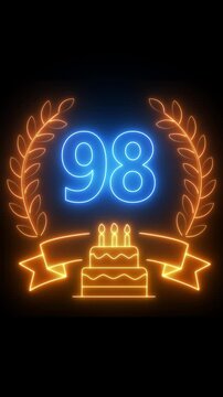 98th Anniversary Celebration. neon 98 Years Anniversary Animation in laurel wreath Color on the Transparent Background, Alpha Channel. Great for greetings, celebrations, events, and gifts birthday 4k.