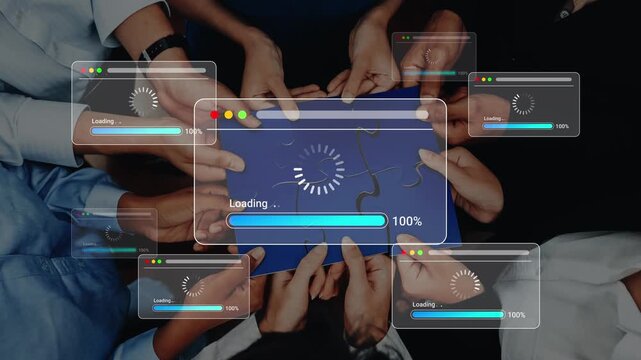 Collaborative Puzzle Solving with Loading Progress Indicators and Diverse Hands Over Puzzle Pieces on a Table Gluon.