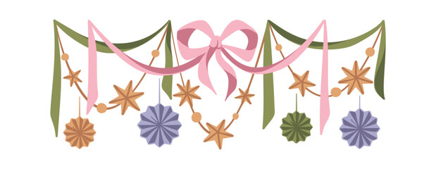 Naklejka premium Garland With Bow And Ornaments Cartoon
