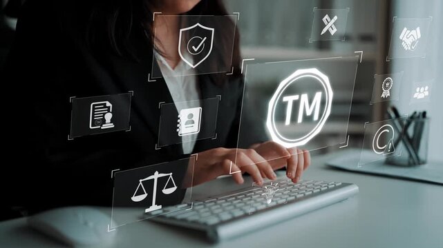 Trademark protection and legal compliance with TM icon, copyright law, patent check, intellectual property rights, and branding regulation enforcement Marrow
