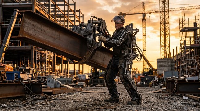 A construction worker uses a robotic exoskeleton to lift a heavy steel beam at a building site.