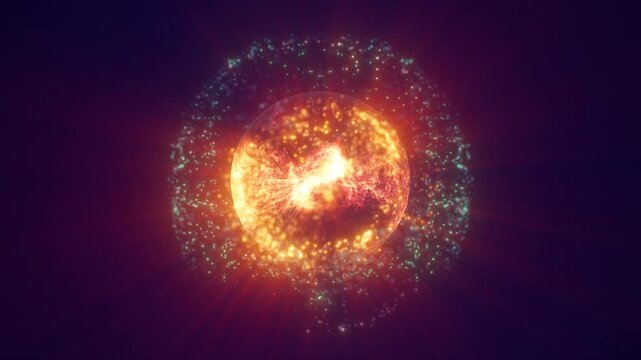 Fiery orange energy core glowing inside a transparent sphere surrounded by teal particles on a dark purple background.