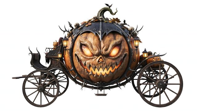 Spooky Halloween pumpkin carriage with glowing eyes and scary carved face isolated on white