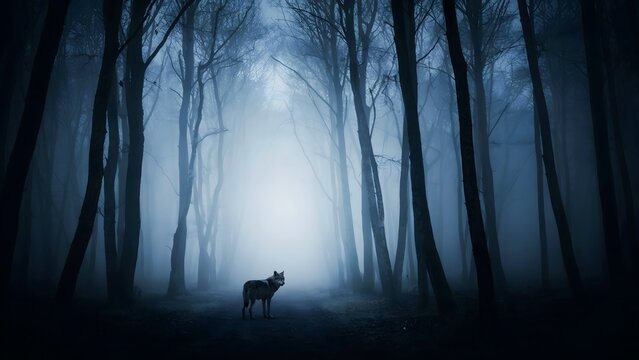 Mystical Forest Scene with Lone Deer Under Foggy Night Sky