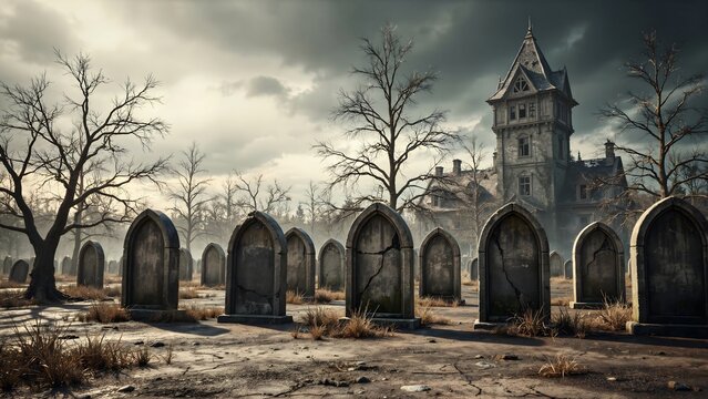Spooky graveyard with old tombstones and a haunted mansion under a dark cloudy sky