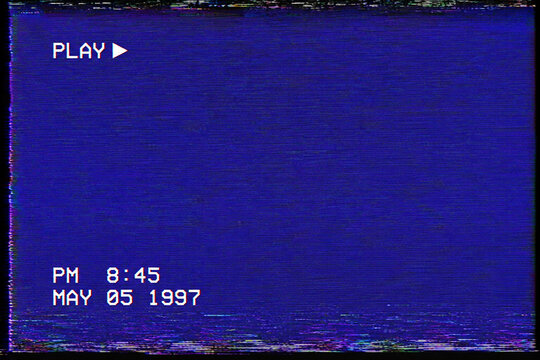 Retro VHS Blue Screen Background with Play Icon Timestamp and Analog Glitch Noise