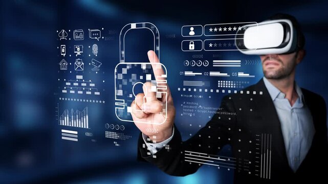 This image features a businessman engaging with a virtual reality headset, exploring a digital security interface filled with data visualization in a modern workspace. Raster
