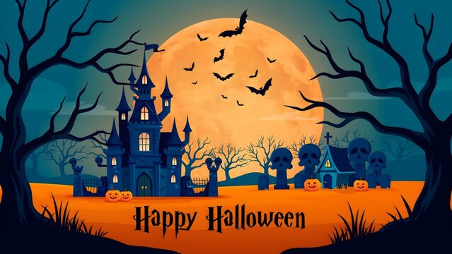Happy Halloween background with haunted castle, full moon, bats and spooky graveyard scene