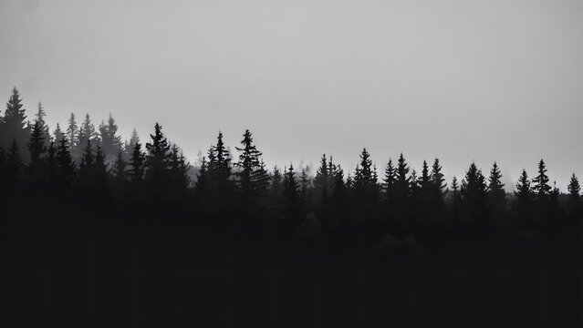 Silhouette of dense forest at dusk with eerie fog creating a spooky Halloween atmosphere