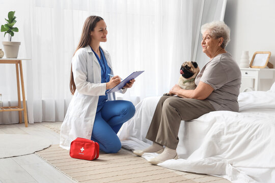 Senior woman with pug dog and doctor in bedroom