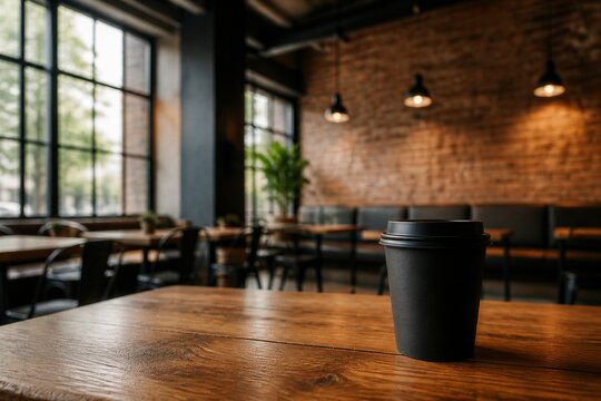 Disposable coffee cup placed on wooden table in cafe interior