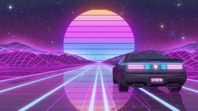 Synthwave Cyberpunk Retro Car VJ Loop Neon Highway Driving at Sunset Motion Background