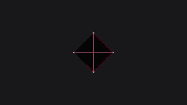 Minimalist geometric diamond animation with rotating red lines and nodes on dark 4k background, motion minimalist