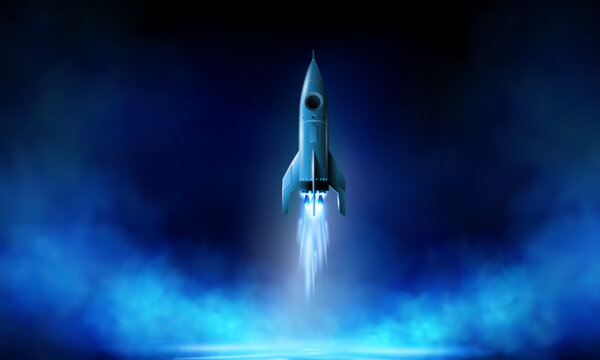 Futuristic space rocket launch with blue neon smoke and glowing engine flame vector illustration