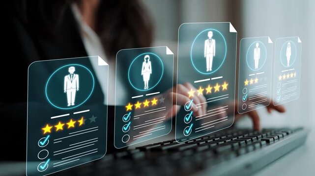 Modern Digital Recruitment Process with User Interface Mockups Showing Diverse Candidate Profiles and Evaluation Metrics for Human Resources Management Sigmoid