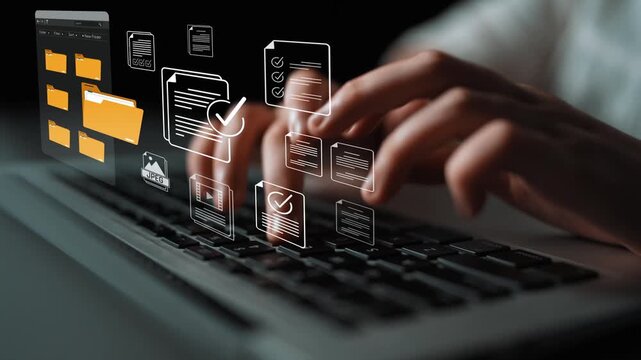 Hands Typing on Laptop with Digital Documents and Icons Representing File Management and Data Organization in Modern Workspace Sigmoid