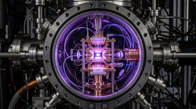 A glowing plasma reaction occurs inside a high-tech vacuum chamber for advanced scientific testing.