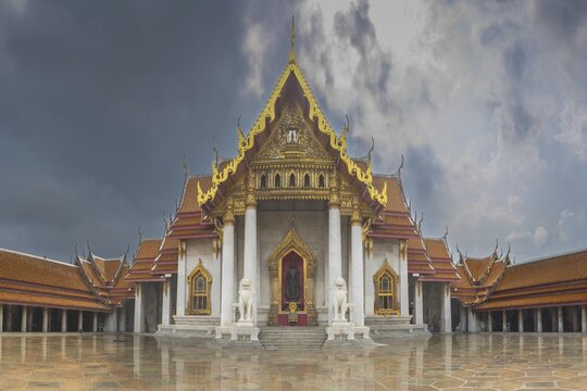 Abandoning thunderstorm over the marble temple, made of Carrara marble, Wat Benchamabopit, back of the Ubosot, Buddhist temple in the Dusit district, Bangkok, Central Thailand, Thailand