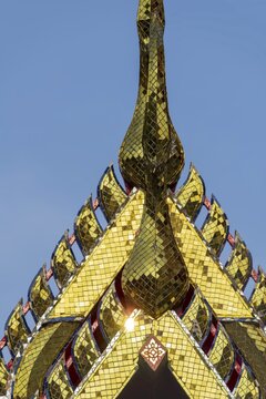 Chofas (distinctive features of Thai temple architecture), pointed roof ornaments, ubosot (ordination hall), Wat Pho, Bangkok, Thailand
