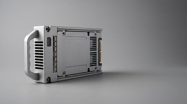 Silver metal hot-swap drive enclosure with pull handle and connector