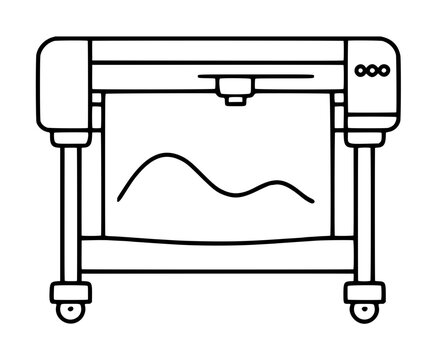 Professional large format plotter printer vector icon illustration on wheels, featuring a minimalist outline design for architectural blueprints, engineering plans, industrial printing, and design.