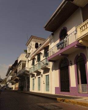 Street with historic houses, old town, Casco Viejo, Panama City, Panama