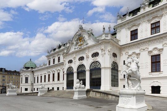Upper Belvedere staircase and portal, view from the courtyard, Belvedere Palace, former summer residence of Prince Eugene of Savoy, built 1712 to 1723 by Johann Lucas von Hildebrandt, Baroque, Vienna, Austria