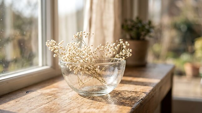 Dried white flowers in a glass bowl