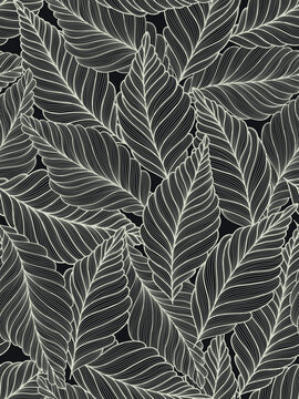 Seamless floral abstract background with  leaves drawn by thin lines. Black background with grey leaves. Vector floral  pattern