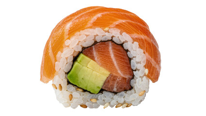 Fresh salmon and avocado sushi roll with sesame seeds, isolated on transparent background © Mihai