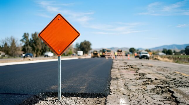 Bright orange diamond-shaped road construction warning sign standing on freshly paved asphalt under a clear blue sky, with workers and mountainous horizon in the background